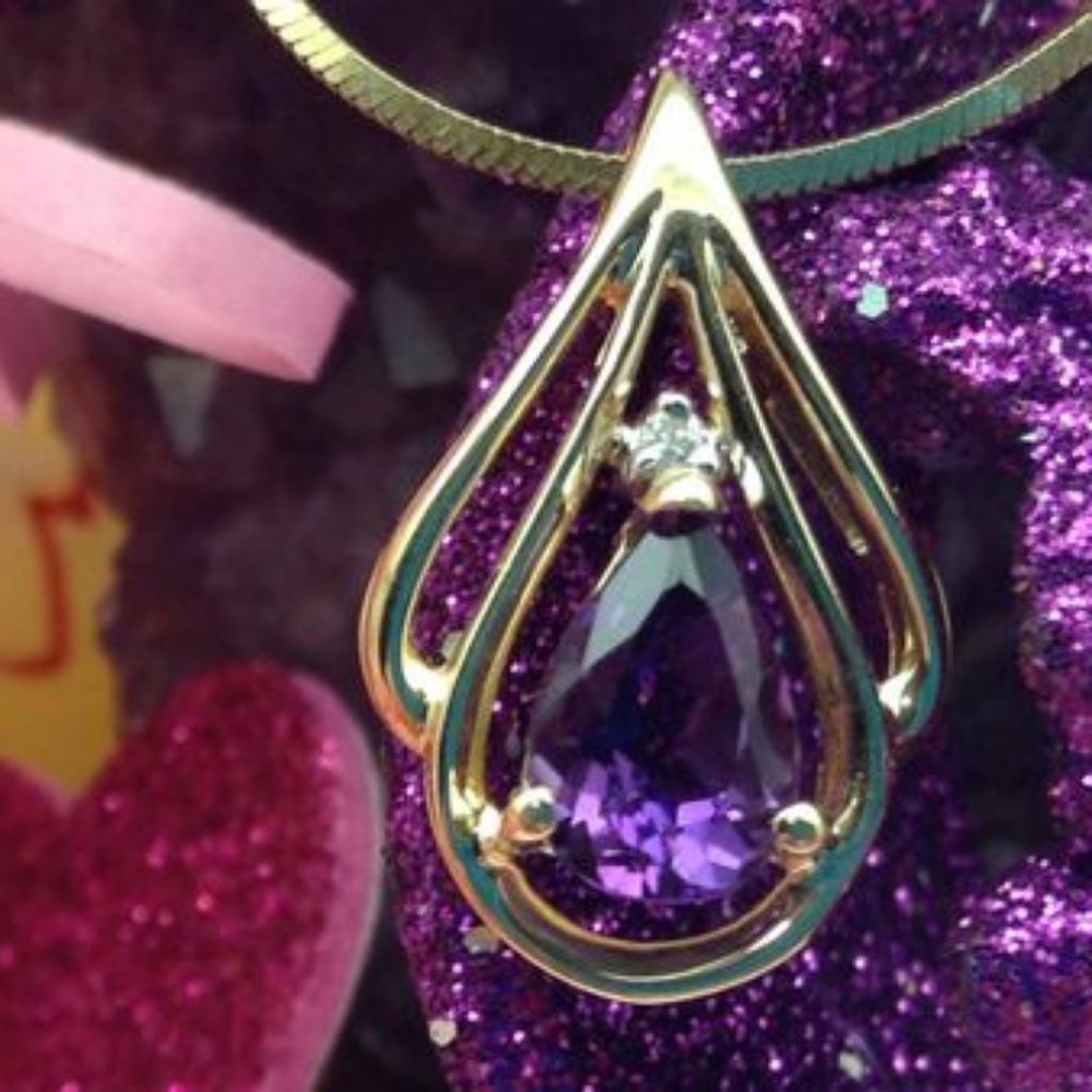 14k Solid Yellow Gold Amethyst Pendent - image 1